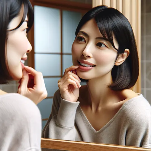 鏡を見て歯並びを確認する女性