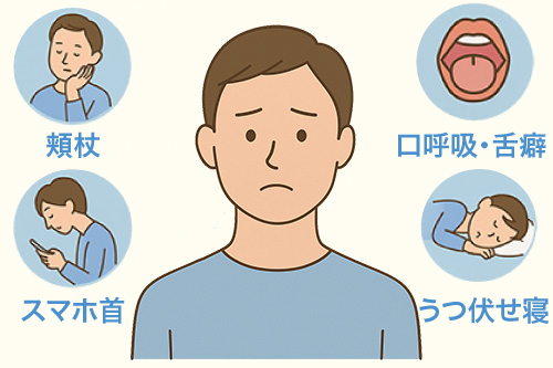頬杖、うつ伏せ寝、猫背・スマホ首、口呼吸、舌癖をイメージしたイラスト