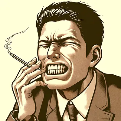 抜歯後にタバコを吸って痛みで顔を歪める男性